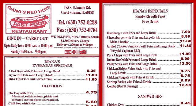 Diana's Red Hots menu