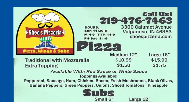 Shoe's Pizzeria menu