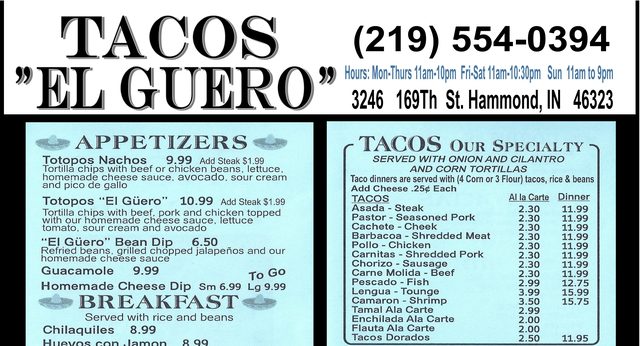 Tacos El Guero menu