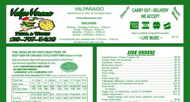 Valpo Verona menu